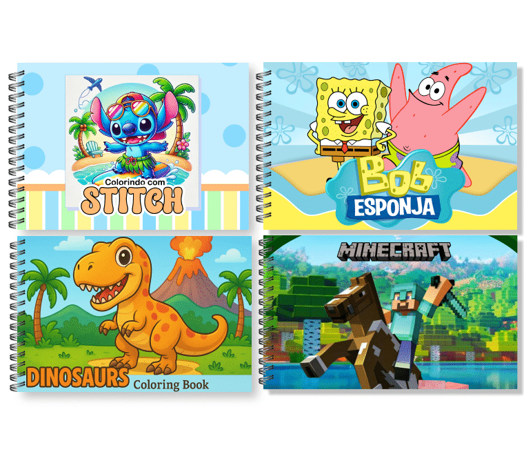4 Livrinhos de Colorir (Stitch, Bob Esponja, Dinossauros e Minecraft) - Digital