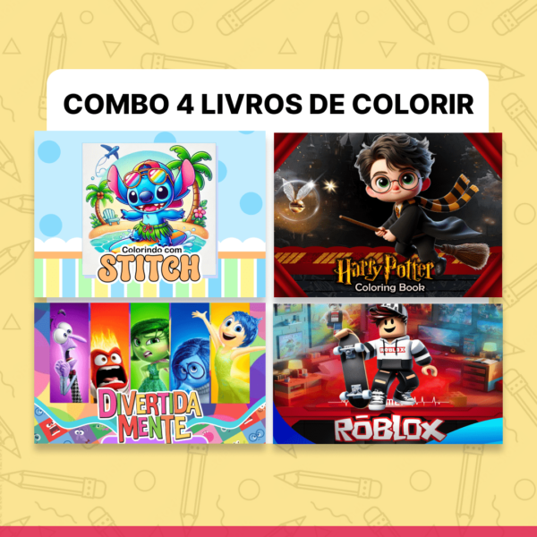 4 Livros de Colorir (Stitch, Divertidamente, Harry Potter e Roblox)
